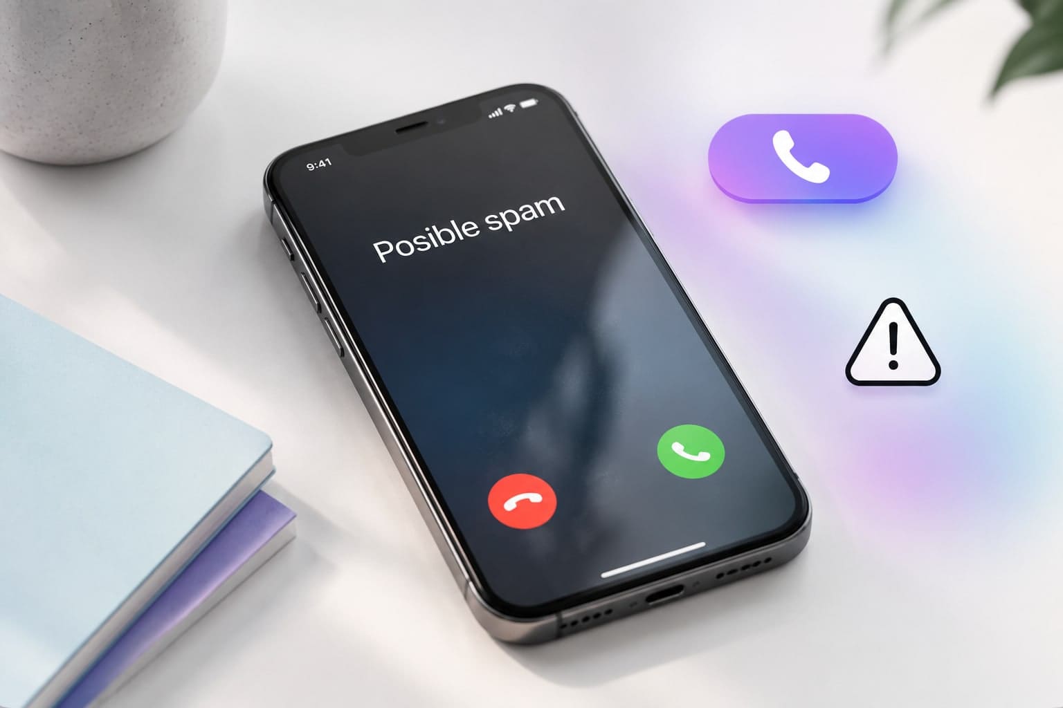 Un teléfono de empresa que identifica una llamada como posible spam antes de contestar.