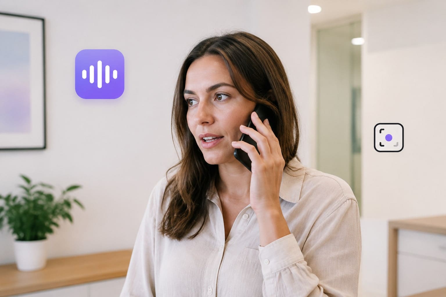 Una mujer hablando por teléfono en una oficina, con el icono de Emblematic y un indicador de grabación a su lado.